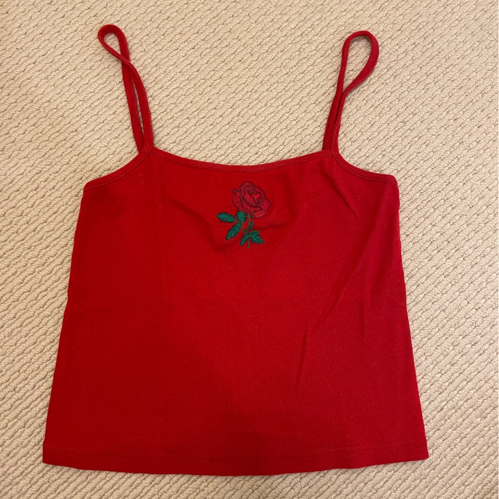 Brandy Melville red cropped tank top with rose detail, one size, 100% cotton